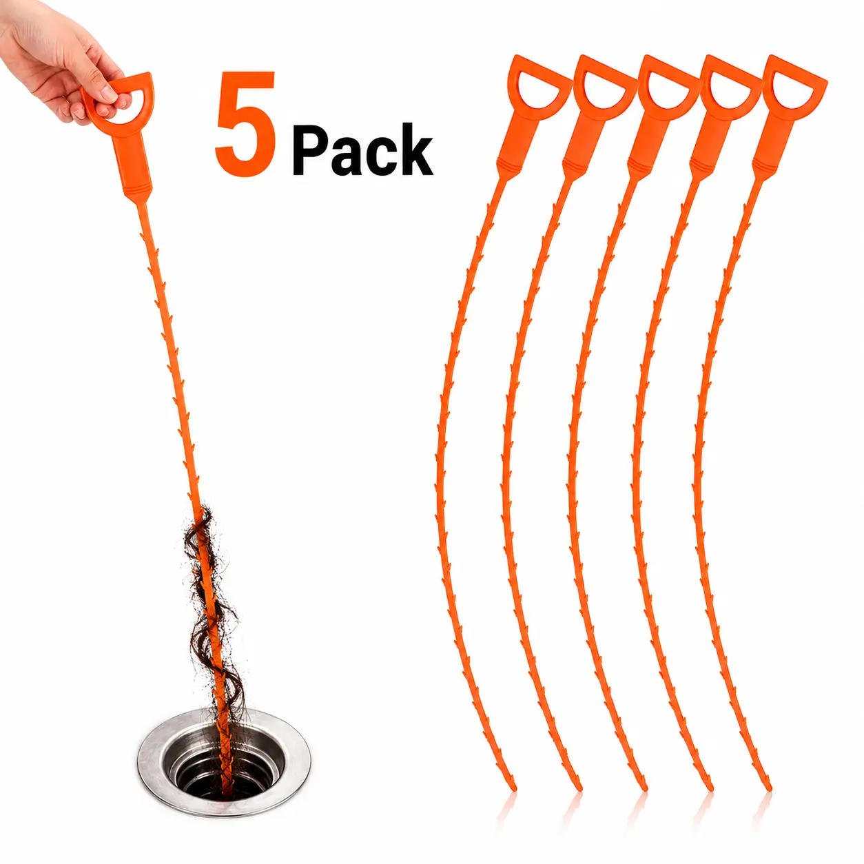 Drain Snake Hair Clog Remover, 5 Pack 20-Inch Flexible Drain Cleaner Tool for Sink, Shower, Tub & Toilet – Reusable Hair Removal Tool for Kitchen & Bathroom Drains