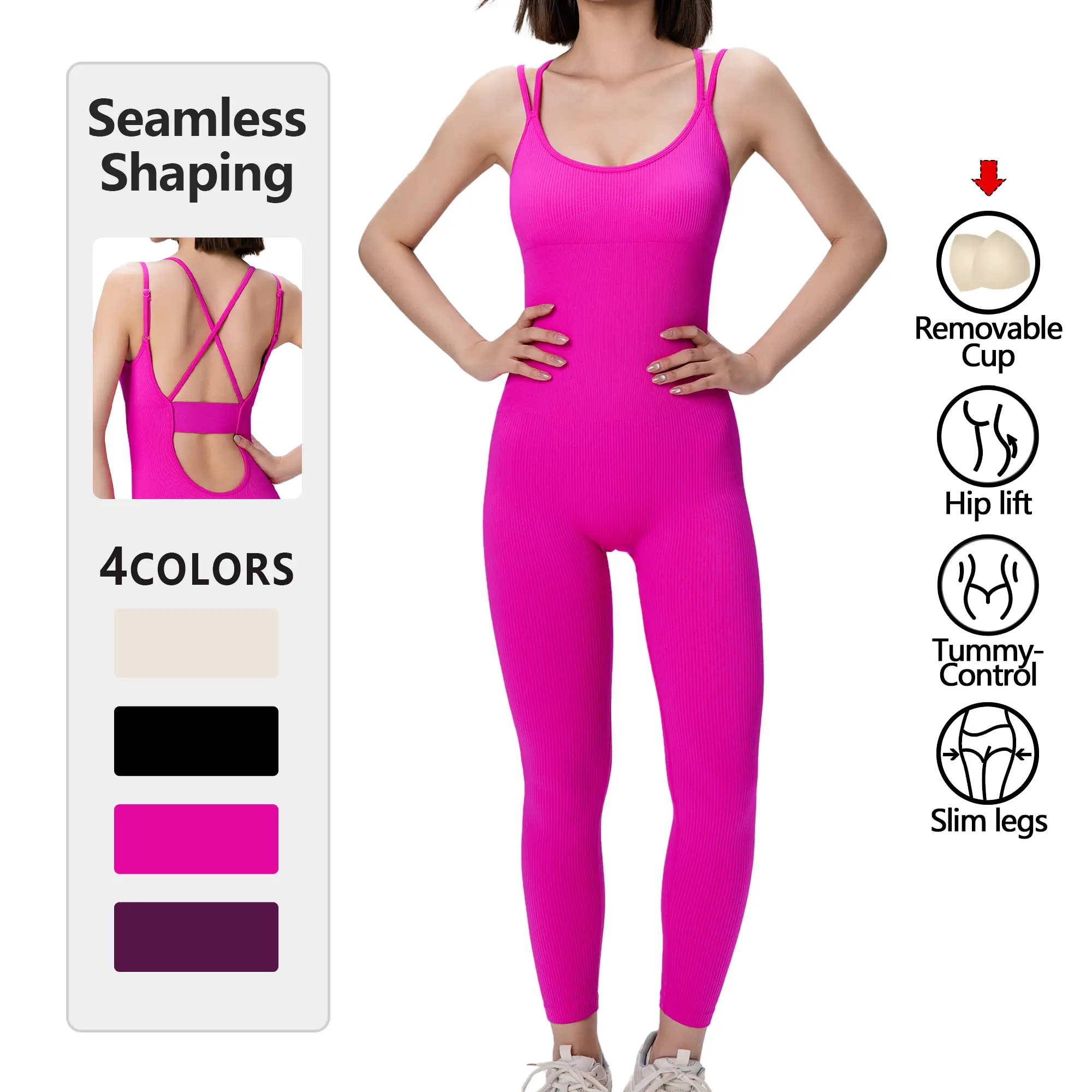 SUOVADUN 310001 Women's Seamless Workout Jumpsuit - Tummy Control, Hip Lift, Solid Color Stretchable Activewear for Training, Daily Wear | Gym Clothing