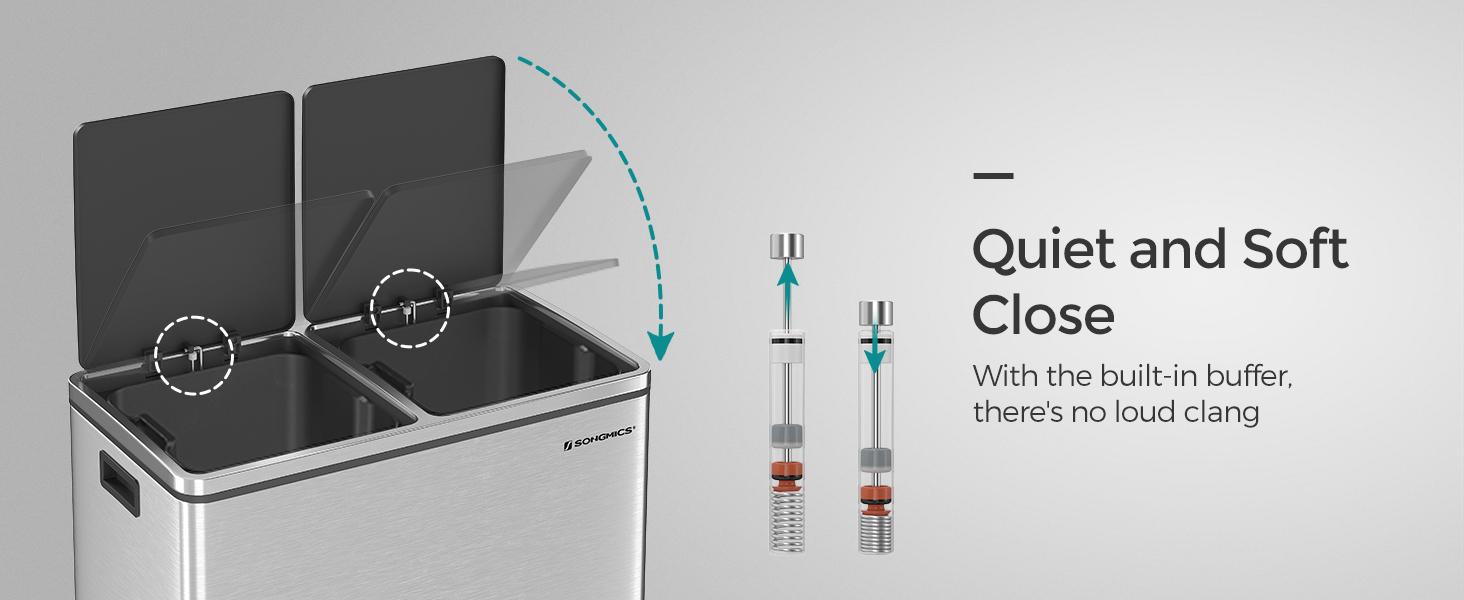 SONGMICS Trash Can 2 x 8 Gallon (2 x 30 L) Kitchen Garbage Can with 15 Trash Bags, Plastic Inner Buckets & Hinged Lids