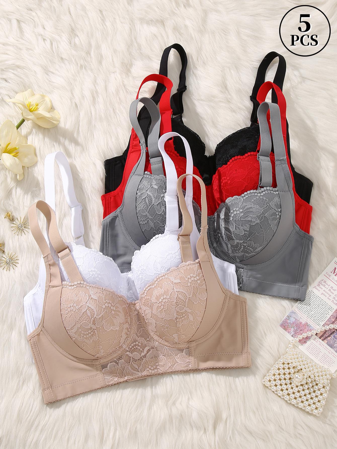 Mimilemon Elegant Lace Bra 5PCS  Push Bras with Non-Removable Padded Cups Underwire for Support Breathable Fabric All-Day Comfort Women's Wear Elegance Basic Minimalist Womenswear Classy Fit  Style Everyday Everyday mermaid  lace  bra comfortable