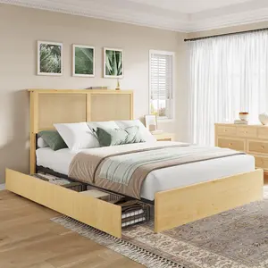Queen Size Rattan Platform Bed with 4 Storage Drawers, Natural Wood Bed Frame with Rattan Headboard, No Box Spring Needed, Easy Assembly, for Bedroom (Natural)