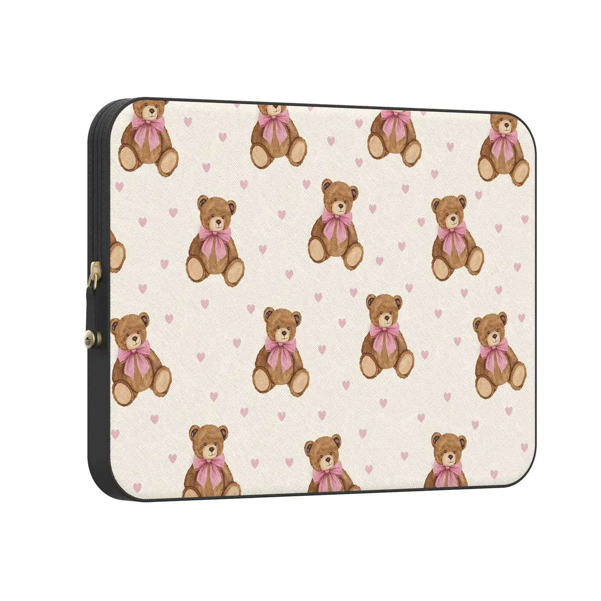 Casely Teddy Bear MacBook Laptop Sleeve Case - Cuddle Up Design, Pink Hearts Accent, PU Leather Construction, Drop-Tested Cushioning, Easy Top-Fold Entry