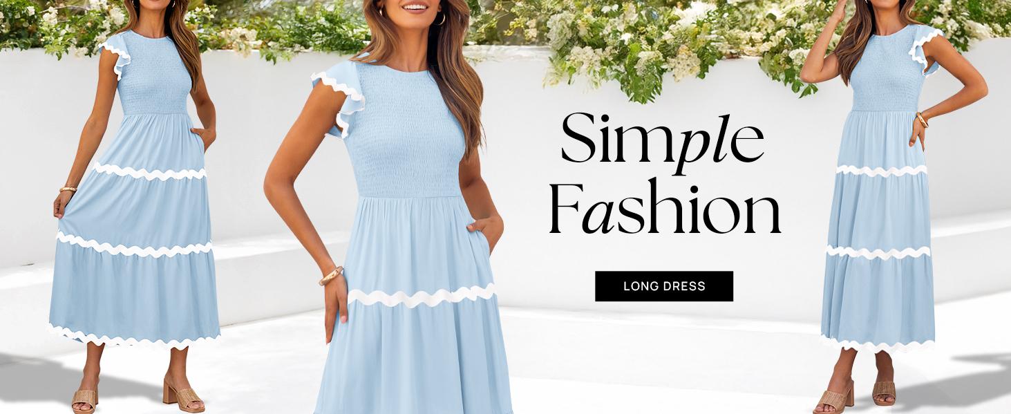 ZESICA Women's Summer Flutter Short Sleeve Smocked Midi Dress Casual High Waist Rickrack Tiered Flowy Dresses