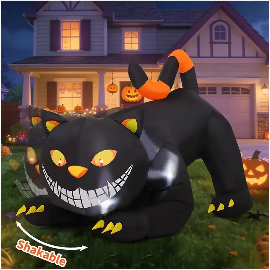 6ft Halloween Inflatable Black Cat - with Shakable Head, Built-in LEDs - Cute Blow Up Ornament for Porch, Lawn