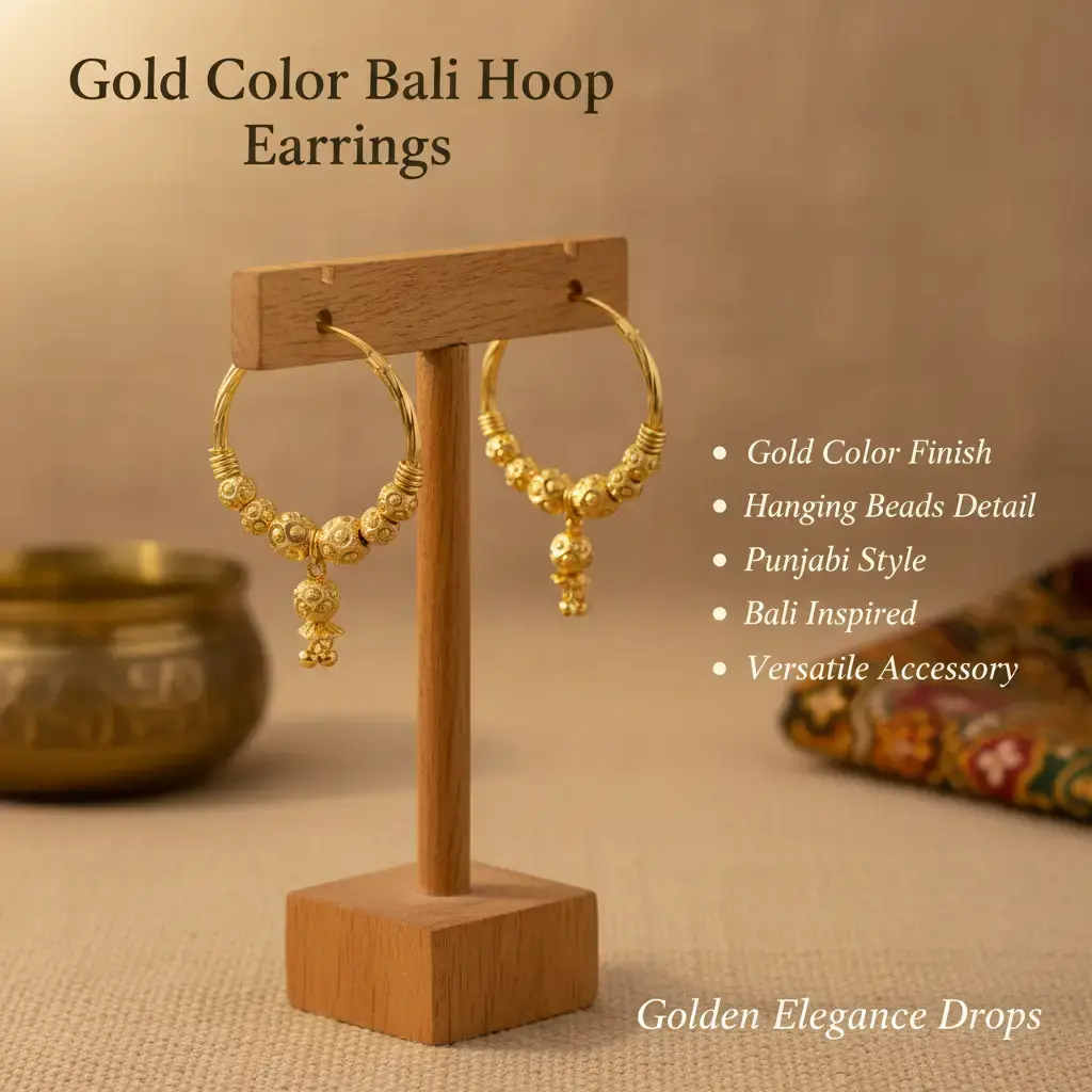 Gold Plated Indian Punjabi Style Hoop Earrings with Hanging Bead Work, Asian Style Bali Jewelry for Women, Gold Jewelry Earrings, Asian Style Earrings