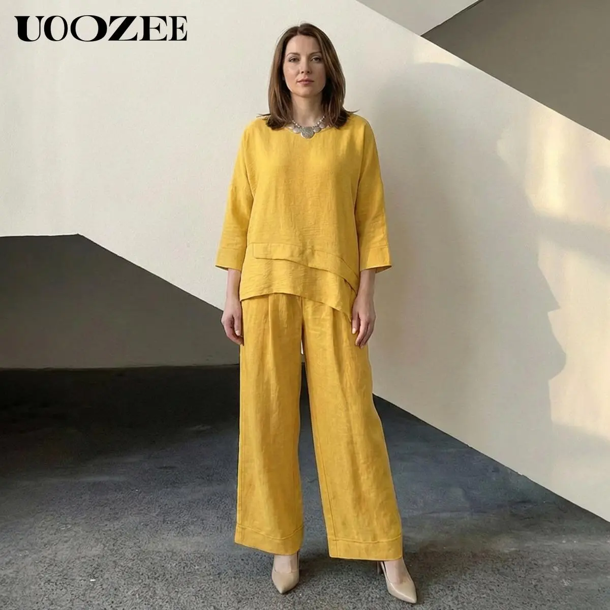 UOOZEE Women's Casual 2-Piece Outfit Set, Loose Soft Linen-Look V-Neck Top & High Waist Cropped Wide Leg Pants with Pockets, Fabric, Women's Clothes, Basic, Streetwear, Sets For Women 2 Piece, Trendy Clothing Sets