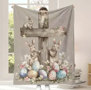 Easter Throw Blanket for Adults, Christian Bunny Cross Eggs Soft Fuzzy Flannel Plush Blanket, Retro Rabbit Throws Blankets for Women Home Bed Sofa Crib Couch Easter Holiday Birthday Gifts