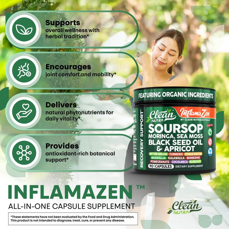 Clean Nutra Soursop, Moringa, Sea Moss, Black Seed Oil & Apricot for Inflammation and Recovery Support - InflamaZen