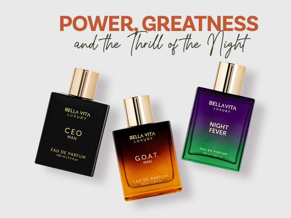 Trio Noir by BellaVita Luxury | Perfume Combo for Men & Women | G.O.A.T. Man – Bergamot, Amber & Vetiver | CEO Man – Lemon, Lavender, Tonka & Agarwood | Night Fever – Bergamot Mandarin, Peach, Musk & Vanilla | Long Lasting, Vegan & Cruelty Free EDP