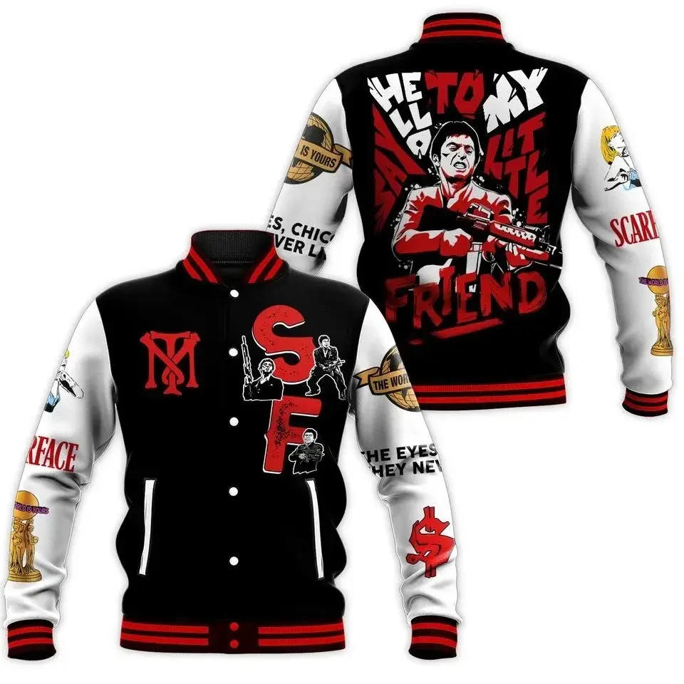 Retro Varsity Jacket Baseball Jacket Scarface Tony Montana Movie Graphic Say Hello To My Little Friend Quote Athletic Casual Loose Fit Outerwear Spring Fall Winter Apparel Garment Top