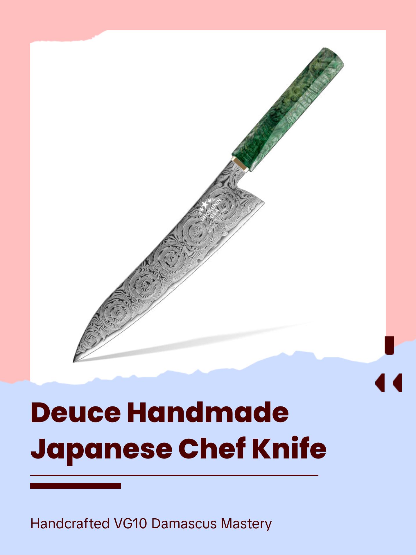 Deuce Custom Japanese Chef Knife with Exotic Maple Burl Wood Handle