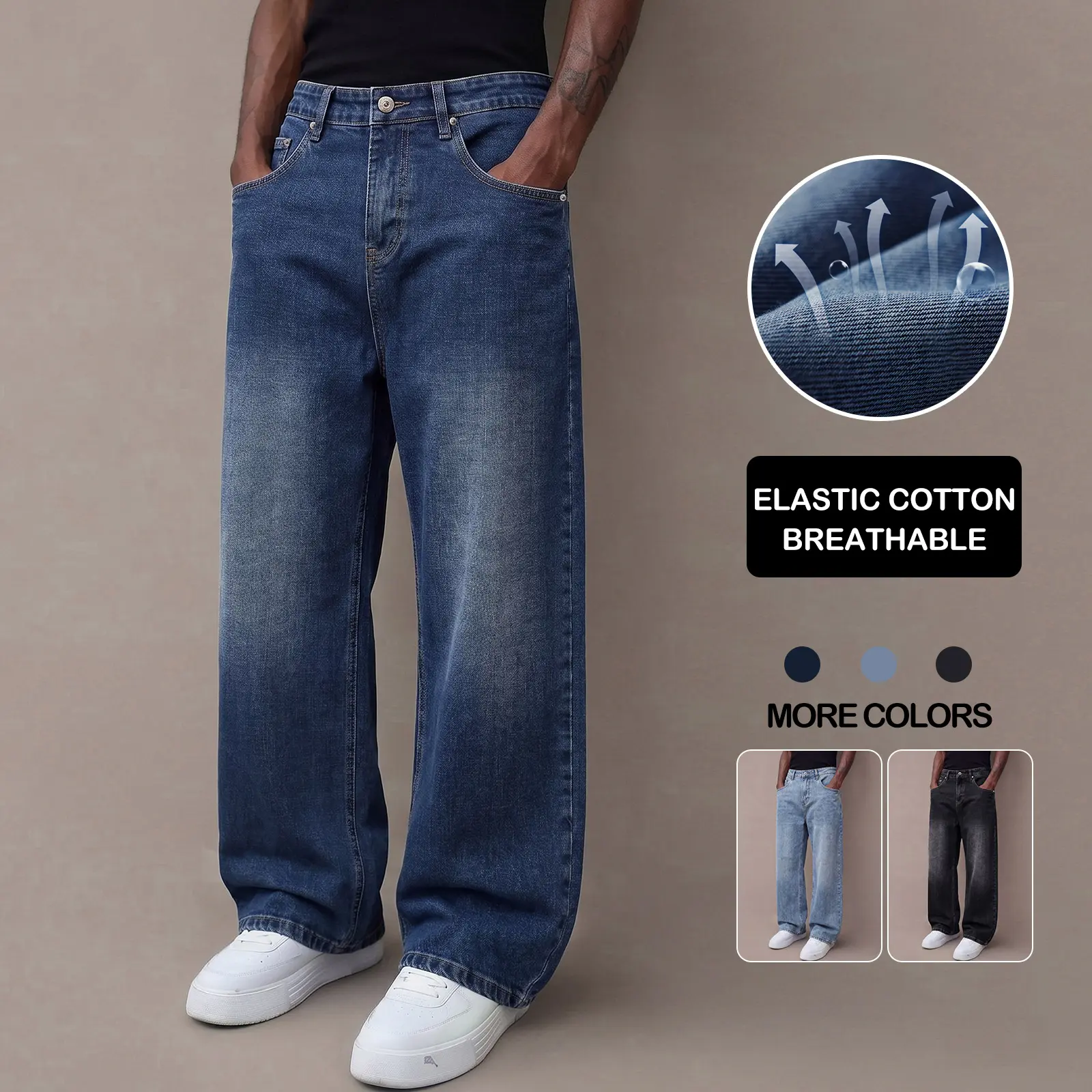 Men’s stretch jeans — loose straight-leg denim pants for men; versatile everyday casual wear for all seasons; classic five-pocket design men’s jeans.
