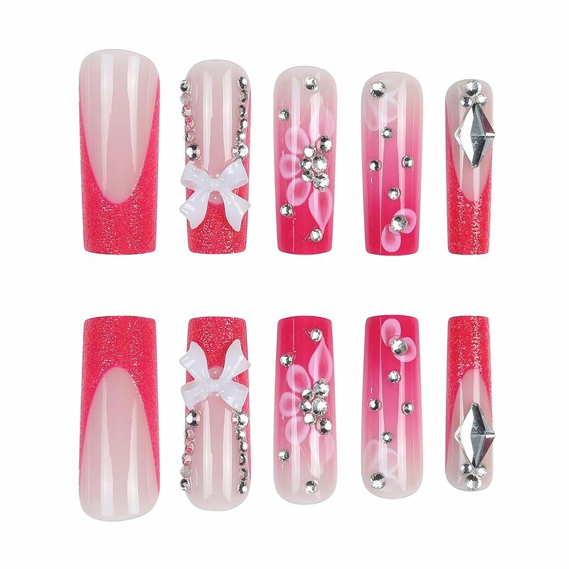 24 pcs Press on Nails - Long Square Glue on Nails with Hot Pink, Acrylic Bling Glitter Rhinestone Design