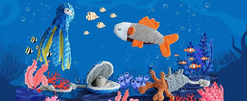 Nocciola 4 PCS Sea Creatures Crinkle Squeaky Dog Toys, Octopus Shark Crab Mussel Toys, Interactive Toys for Small, Medium & Large Dogs, Durable for Aggressive Chewers
