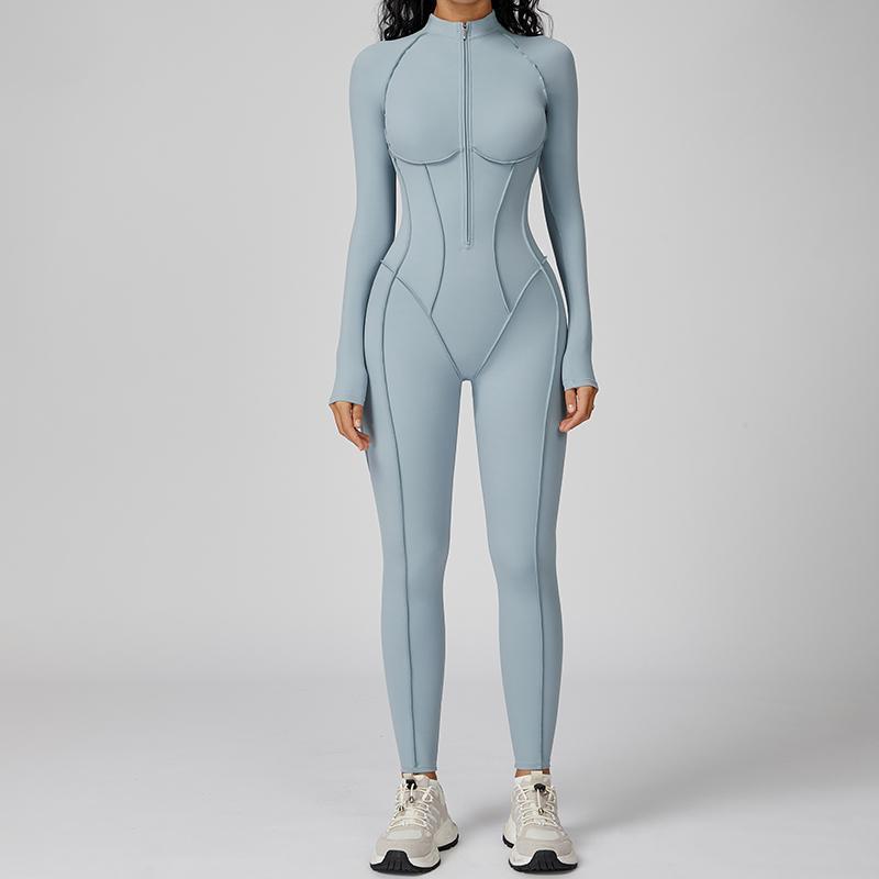 Womens Contour Seams Long Sleeve Padded Workout Jumpsuit Zip Up Tummy Control One Piece Bodycon Yoga Rompers Fitness Sport Outfits Athletic Style Activewear
