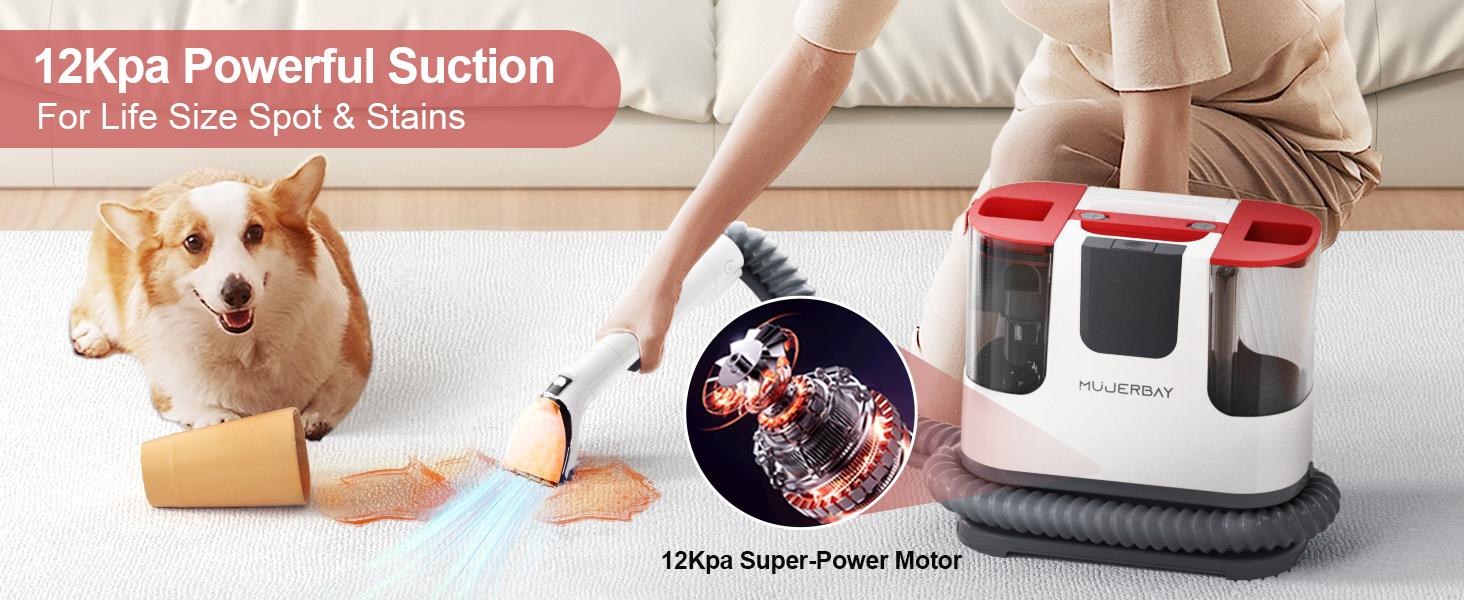 Upholstery Carpet Cleaner, MUJERBAY 12Kpa Portable Spot and Stain Cleaner, Easy Move with Universal Wheels & Handle, 1.18-inch Deep Cleaning Machine for Couch, Stairs, Car and Pet Messes. Red