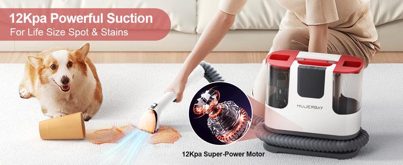Upholstery Carpet Cleaner, MUJERBAY 12Kpa Portable Spot and Stain Cleaner, Easy Move with Universal Wheels & Handle, 1.18-inch Deep Cleaning Machine for Couch, Stairs, Car and Pet Messes. Red