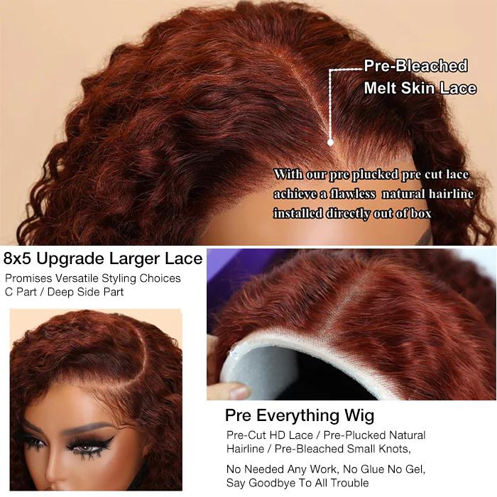 Pizazz Hair #33 Reddish Brown Curly Glueless Wig Pre-plucked 8x5 Pre Cut HD Lace Wig Quick & Easy Install