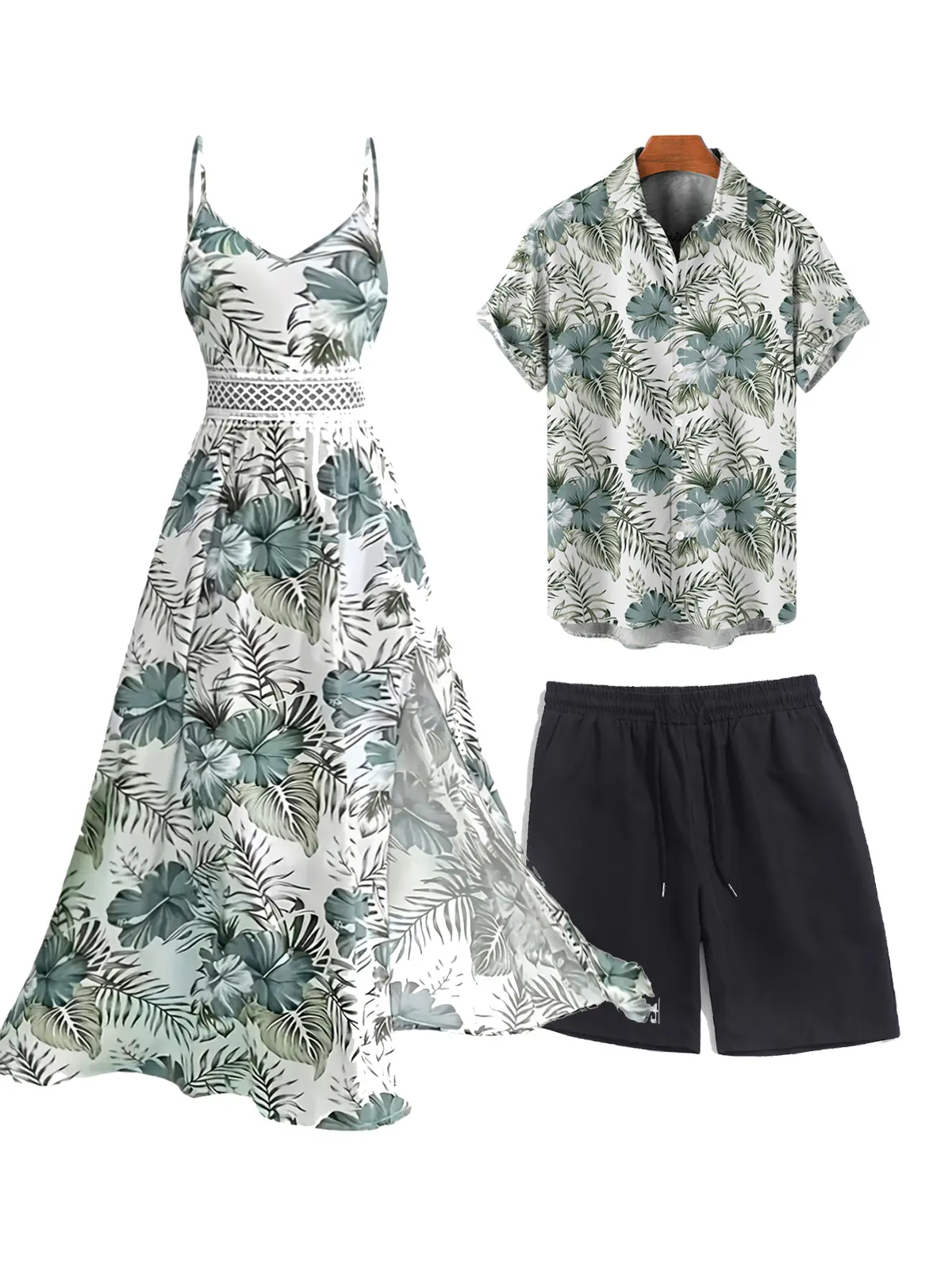 His and Hers Matching Couple-Themed Print Couples Clothing Set (Dress+Shirt+Shorts), 2026 Vacation Beachwear, Women's V-Neck Sleeveless Hibiscus Floral Leaf Geometric Lace Panel Hollow-Out Long Dress, Men's Button-Up Casual Shirt & Shorts, Couple-Themed P