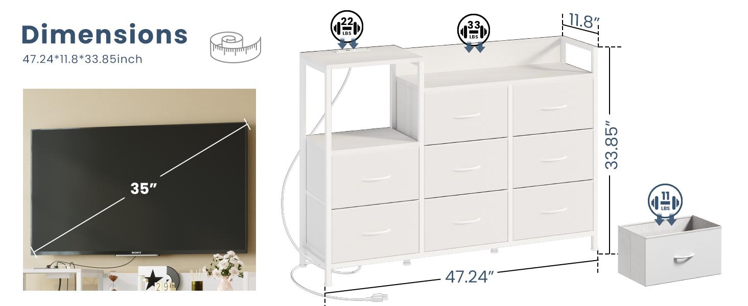 Wooden Top TV Media Console Table with 8 Fabric Drawers 1 Shelves TV Stand for Up to 45 inch TV Entertainment Center with Charging Station for Living Room Hallway