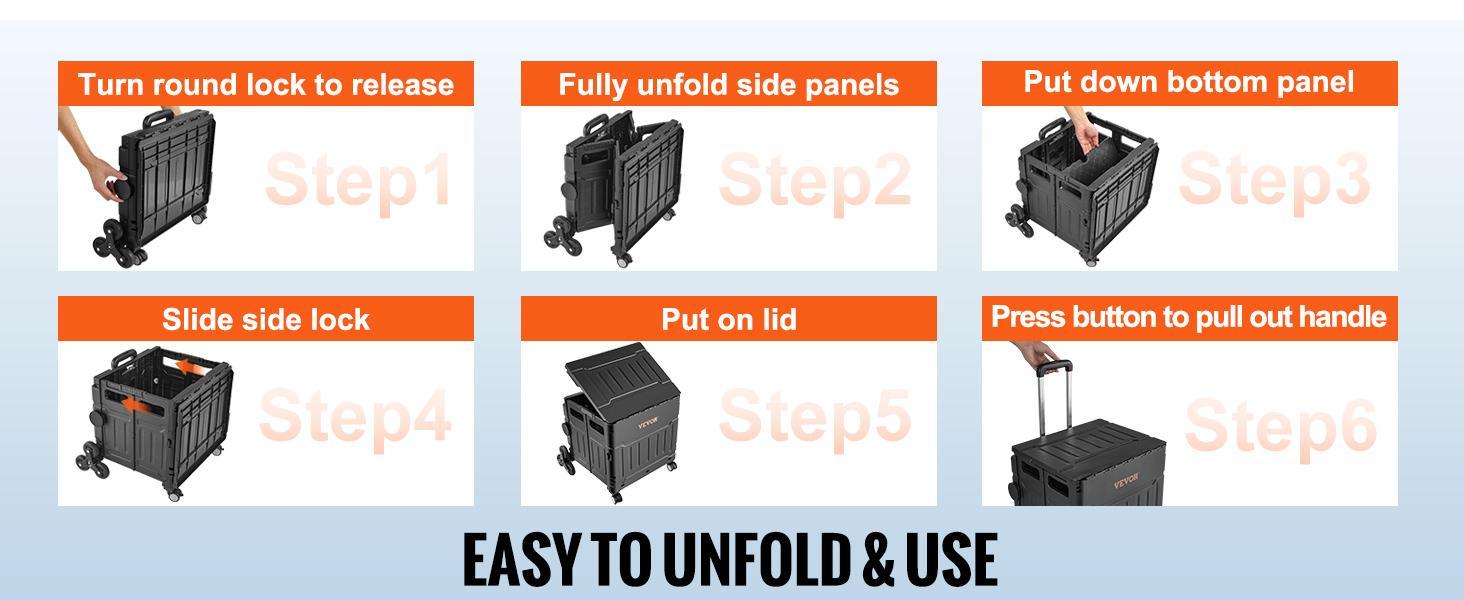 VEVOR Foldable Stair Climbing Foldable Shopping Cart, TikTokShopBlackFriday, 155 lbs Collapsible Teacher Cart, Portable Rolling Crate Handcart with Telescoping Handle & Lid, Foldable Grocery Cart Utility Cart Multipurpose