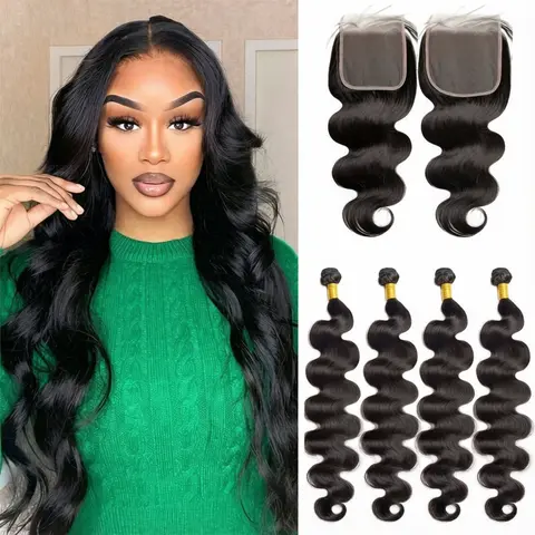 BELE HAIR 5X5 Lace Closure With Bundles For Quick Weave Hairstyle Body Wave Bundles With 5x5 Transaprent Lace Closure Brazilian Hair Bundles With Lace Closure Natural Black Color For Women  Unprocessed Weave Bundles Extension With Swiss Lace Closures