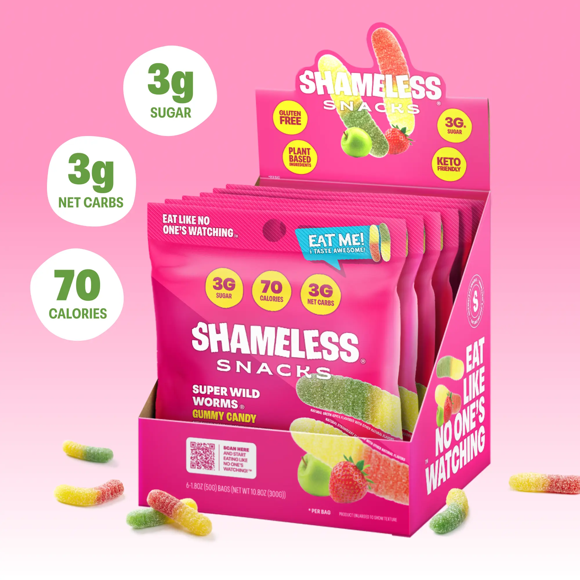 Shameless Snacks Super Wild Worms Keto-Vegan Gummies (6 Bags) - Low Sugar Dessert, Fiber Foods, Clean Eats, Office Snacks, 3g Net Carbs, 3g Sugar, Gluten-Free, 70 Calories per Bag, Fruit Chews Sweet Treat