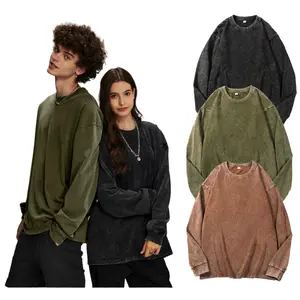 Gihuo Unisex Oversized Sweatshirt for Men Women Vintage Loose Fit Cotton Pullover Crewneck Baggy Acid Wash Long Sleeve Basic T-Shirt for Casual Wear Y2K