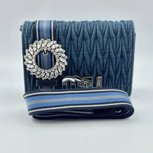 Pre-owned miu miu Denim Crossbody Bags Matelasse MATELASSE MIU LOGO Shoulder Bag