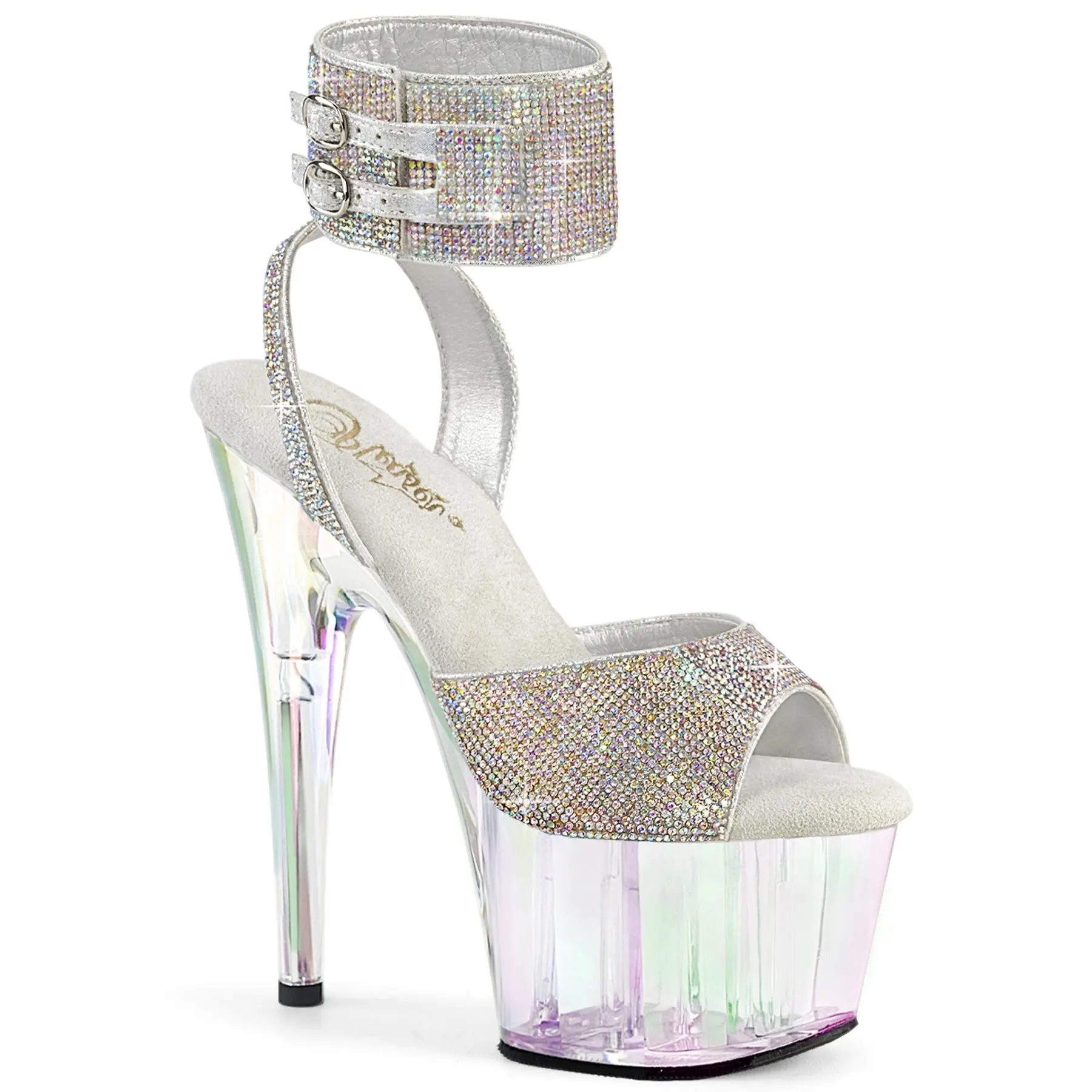 Pleaser Women's Adore-791HTRS Statement Sandals - Dazzling Rhinestone Ankle Cuffs, 7" Platform High Heels, Holographic Tinted Platform Bottom, Dual Buckles, Statement Shoes
