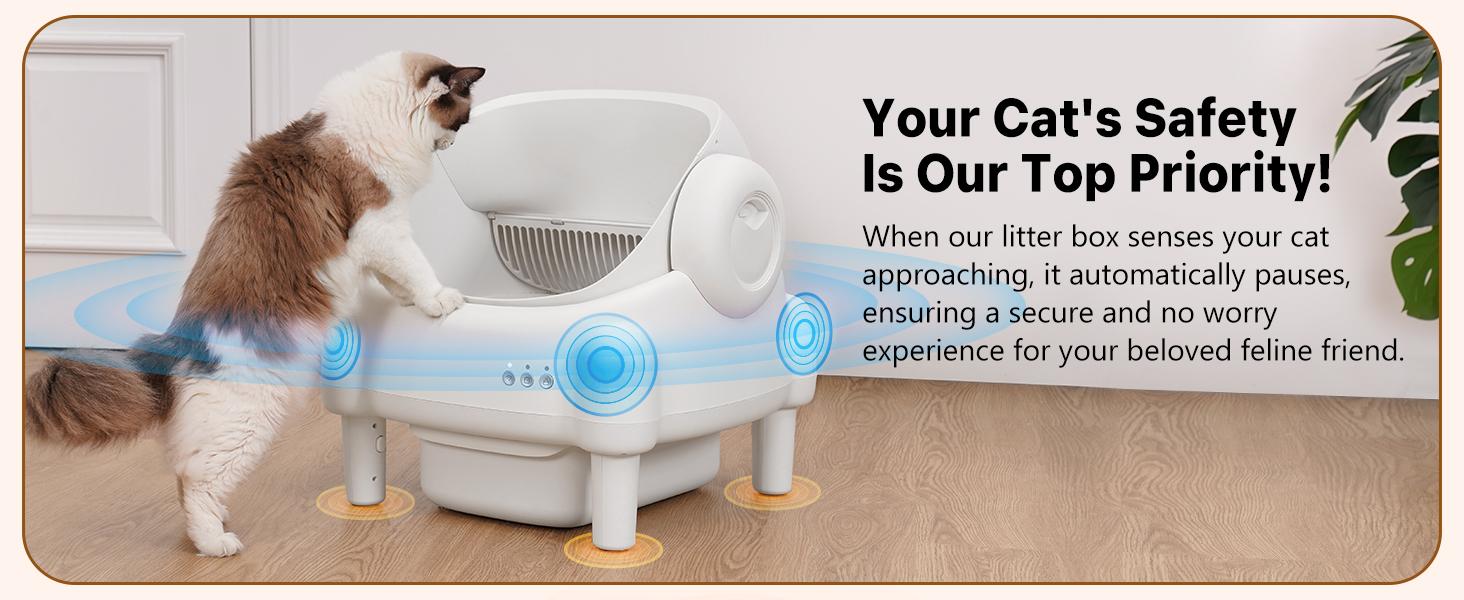 TAYACICY Smart Self Cleaning Litter Box Open Top Automatic with App Control for Multiple Cats Safety Sensors Odor Control Includes 2 Roll Liners Large Waste Bin Cream White