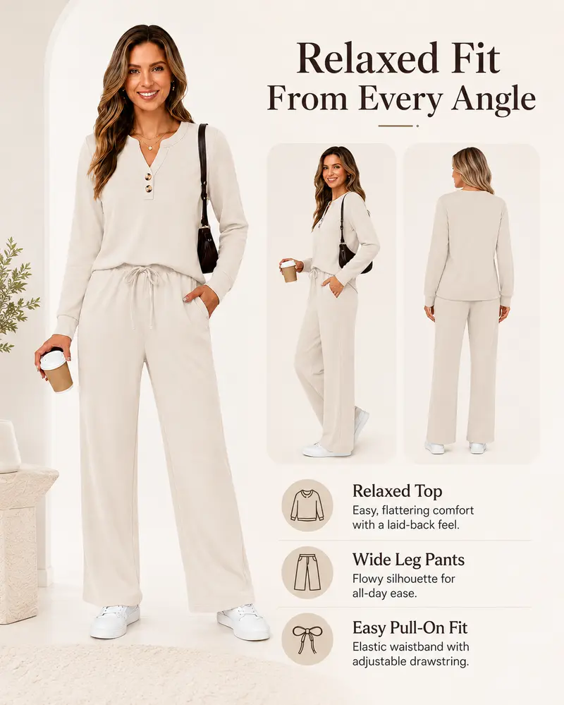 Wiholl Women's 2-Piece Fashion Lounge Set - Long Sleeve Top & Pants, Wide Leg Palazzo, Casual Set for Fall Travel Airport Outfits