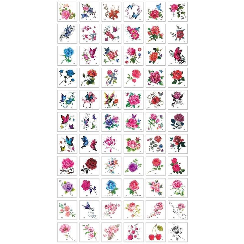 100 Sheets Flower Temporary Tattoo Stickers Rose Butterfly & Multicolor Mixed Styles Waterproof Removable Long Lasting Durable Realistic Body Art