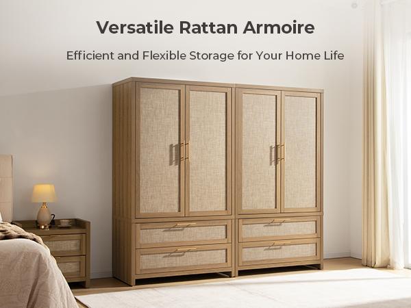 SICOTAS Rattan Armoire Wardrobe Closet Cabinet, 71" Tall Wardrobe Storage Cabinet with Doors, Larger Drawers and Hanging Rod, Boho Armoire Clothes Organizer for Bedroom, Laundry Room, Cloak Room, Oak
