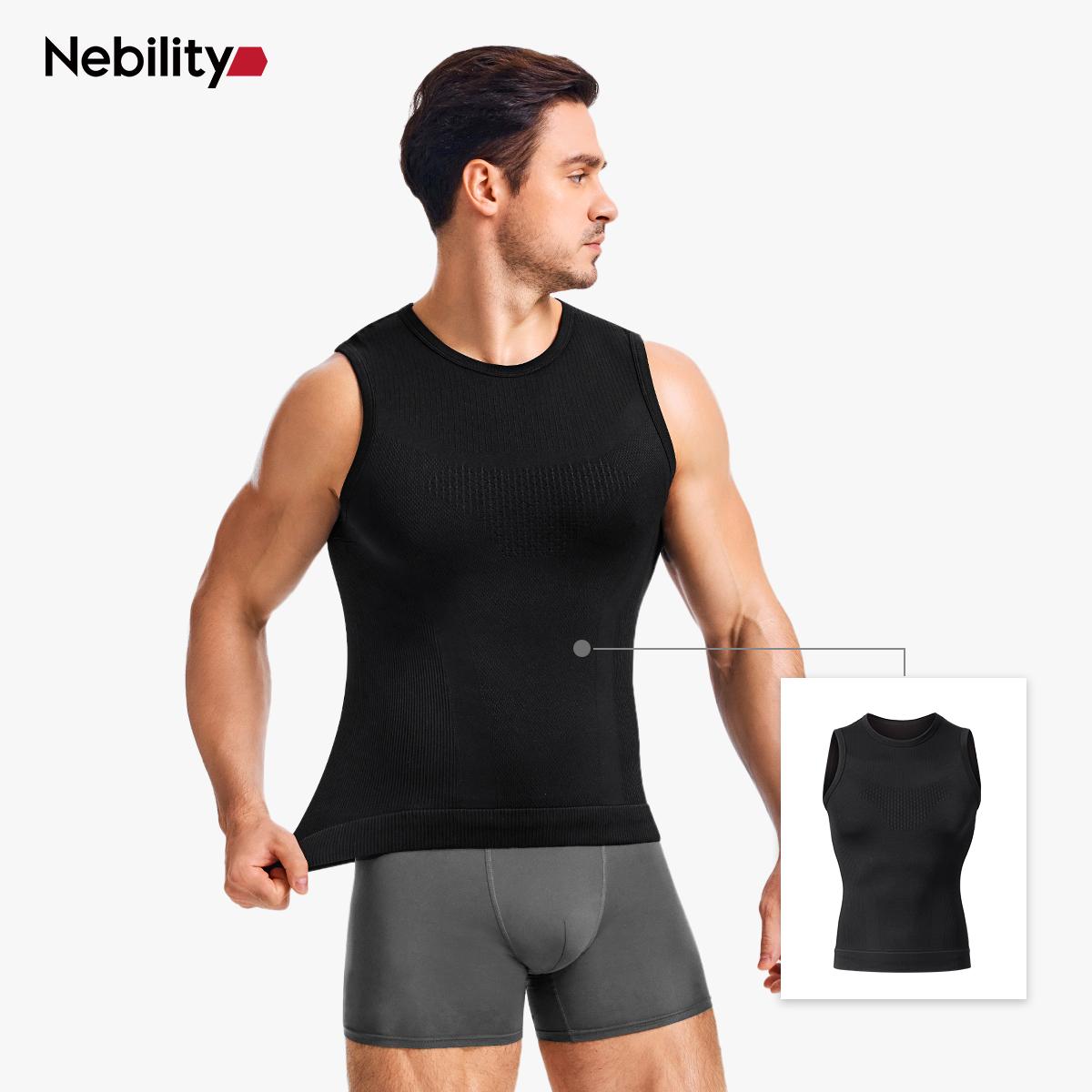 Nebility Men's Shapewear Vest - High Elasticity Micro Compression Shirt, Waist Tightening & Slimming, Moisture Wicking Quick-Dry 3D Breathable Fabric, Crew Neck