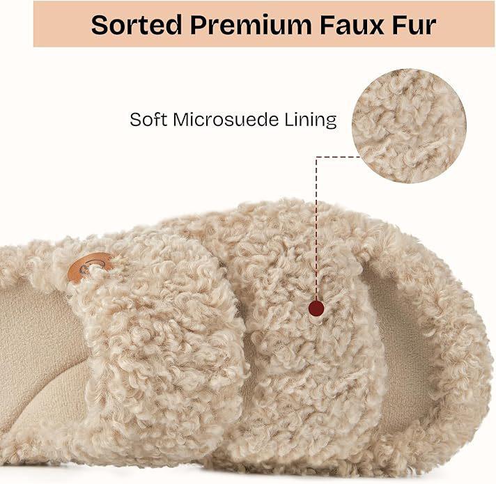 Women's Cozy Fuzzy Flat Slippers | Warm Fluffy Faux Fur Bedroom Sandal | Memory Foam & Non Slip Sole Home Footwear for Winter