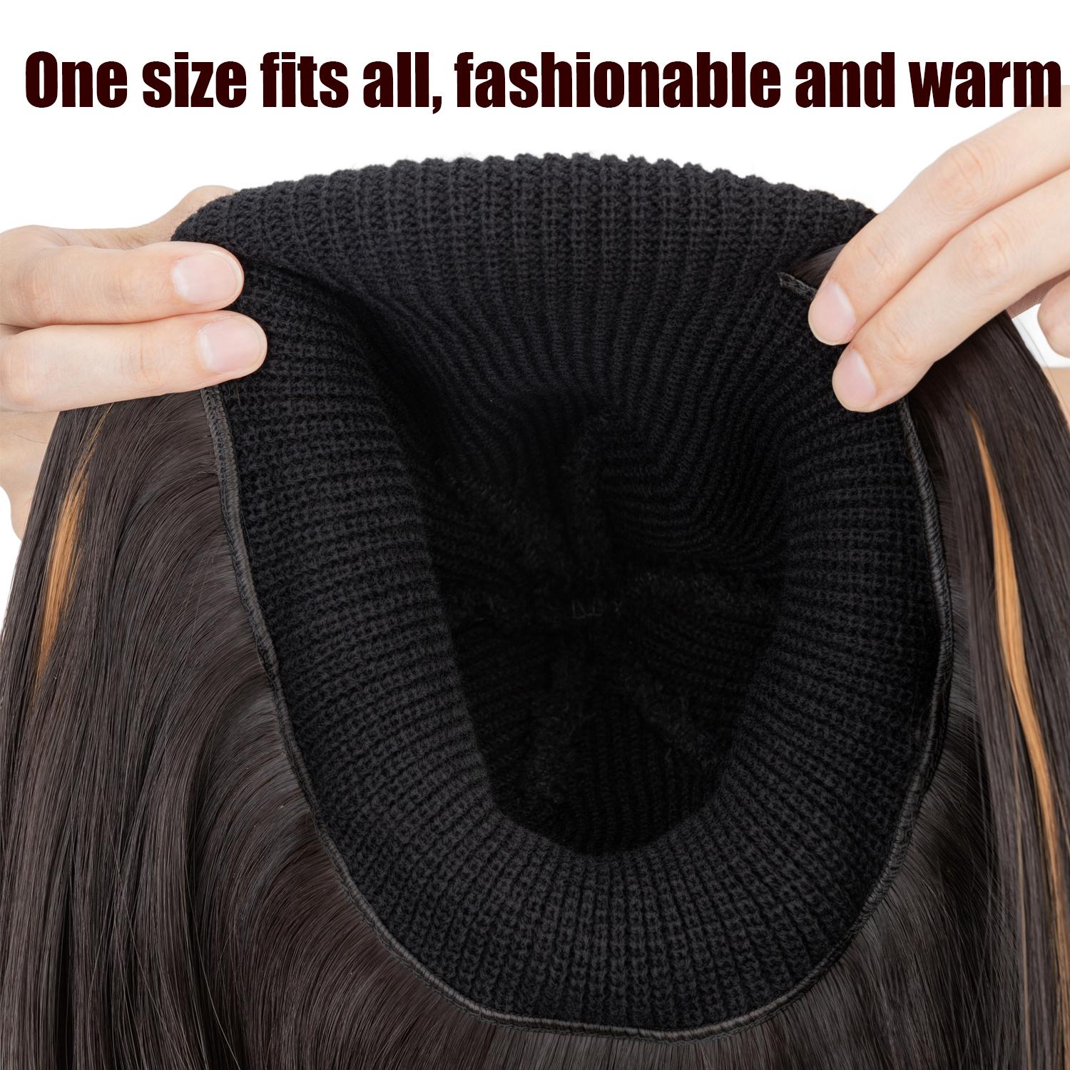 11" Knited Hat Wig Beanie Hat With Long Straight High Temperature Fiber Hair Extensions Knit Rib HatAttached Synthetic Hairpiece Elegant Black Warm Woven Wig Cap For Women Fall And Winter Brown Blonde Balayage