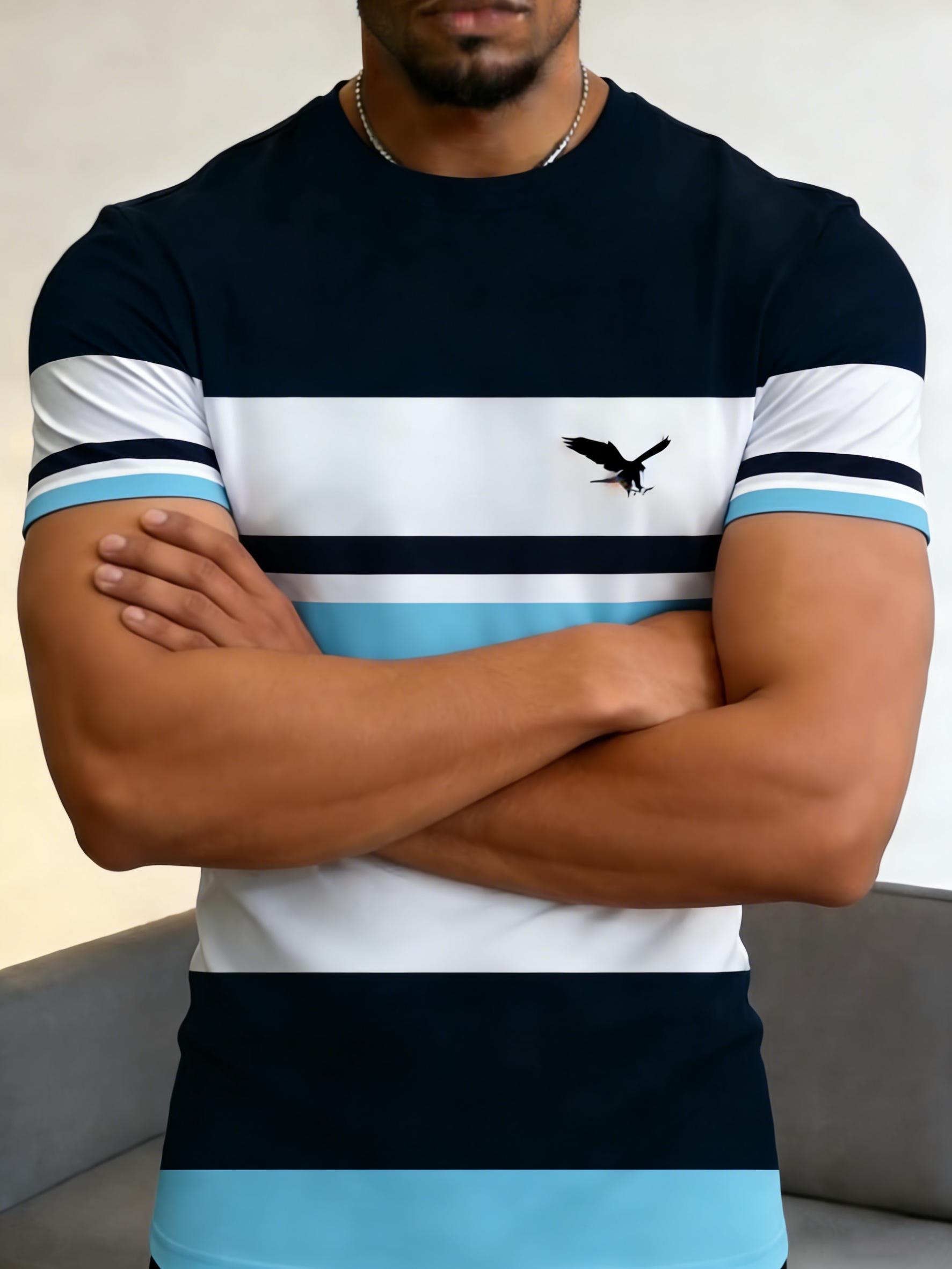 Men's fashionable striped T-shirt, slim fit with a round neck, breathable fabric, color-block design, eagle pattern casual short-sleeve T-shirt, suitable for everyday casual wear