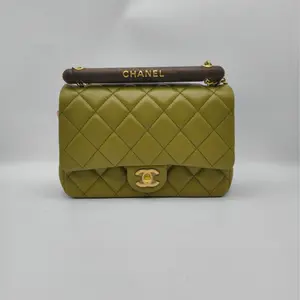 Pre-owned CHANEL Classic Flap with Wooden Handle in Olive Green Quilted Lambskin & Gold Tone CC Hardware