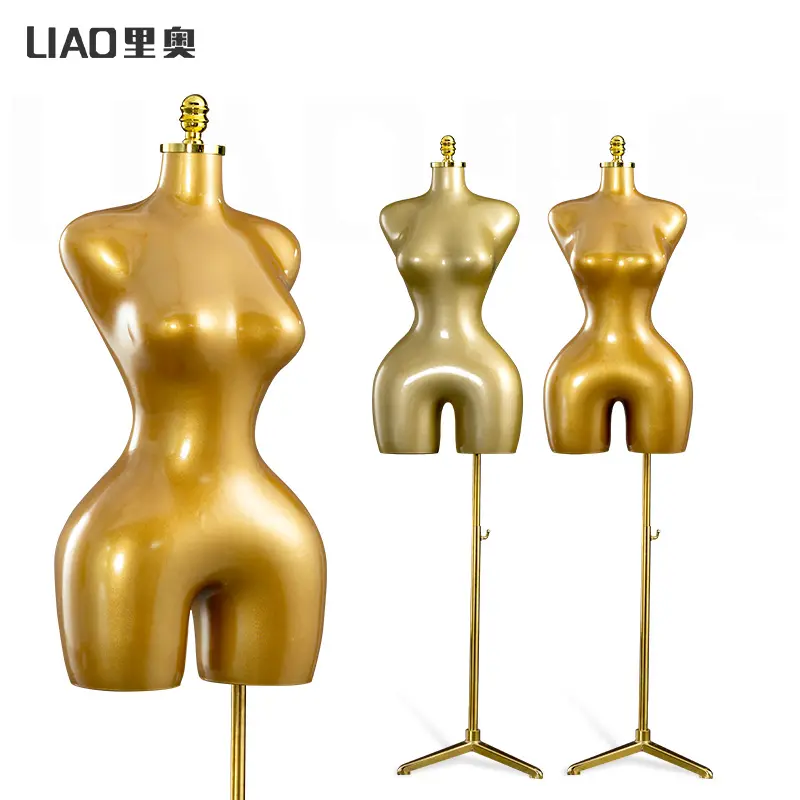 Women's Plus Size Plastic Upper Body Mannequin with Gold Fashion Display Stand, Big Hips for Sewing Craft Supplies & Clothing Display