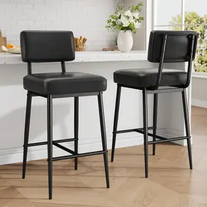 Garvee Set of 2 Modern 26-Inch Black Synthetic Leather Bar Stools with Backrest and Metal Legs, Upholstered Chairs Ideal for Kitchen Island, Counter, and Bar Seating