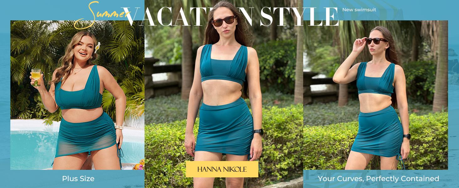 【S-XL】Hanna Nikole Womens High Waisted Swim Skirt, Tummy Control Mesh Bikini Sets, 2 Piece Swimsuit Drawstring Bathing Suits