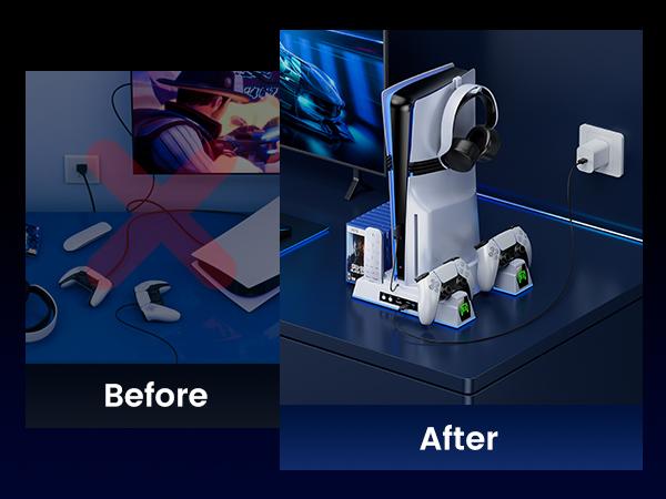 ESYWEN PS5 Cooling Fan Dock & Charging Station with Turbo Fan, 6 Game Card Slots, Dual Controller Charger, RGB Lights, Remote Holder, Compatible with PS5 2020/2023 Slim/2024 Pro Models (Disc & Digital)