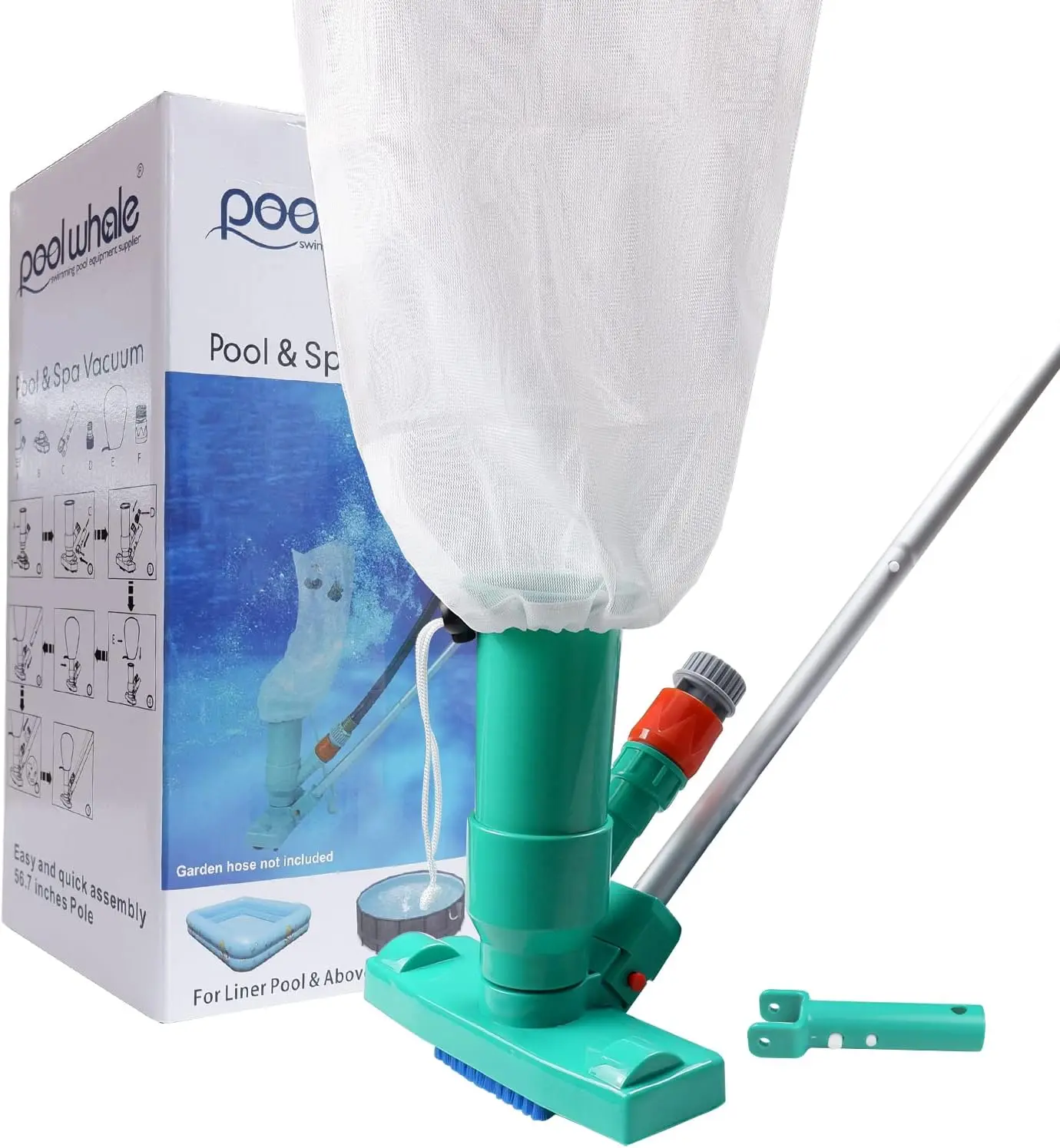 Premium Pool Vacuum Jet Underwater Cleaner, 3 Scrub Brushes, 2 Fine Mesh Bags, 6 Section Telescopic Pole of 56.5" and Handle - for Above Ground Pools,Spas & Ponds, Pool Vacuums, Pool Liner Cleaning Tools & Attachments