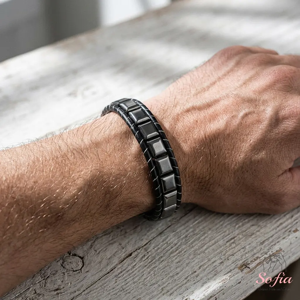 Protection Bracelet - Magnetic Hematite Bracelet - Leather Bracelet for Male Hematite Gemstone Healing Bracelet Gift to him Boho Chic Crystal