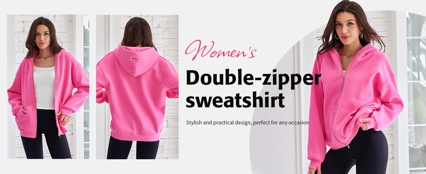 ATTRACO Women's Leaf Print Oversized Hooded Sweatshirt Solid Color Full Zip Long Sleeve Pocket Sweatshirt ATTRACO Women's Leaf Print Oversized Hooded Sweatshirt Solid Color Full Zip Long Sleeve Pocket Sweatshirt