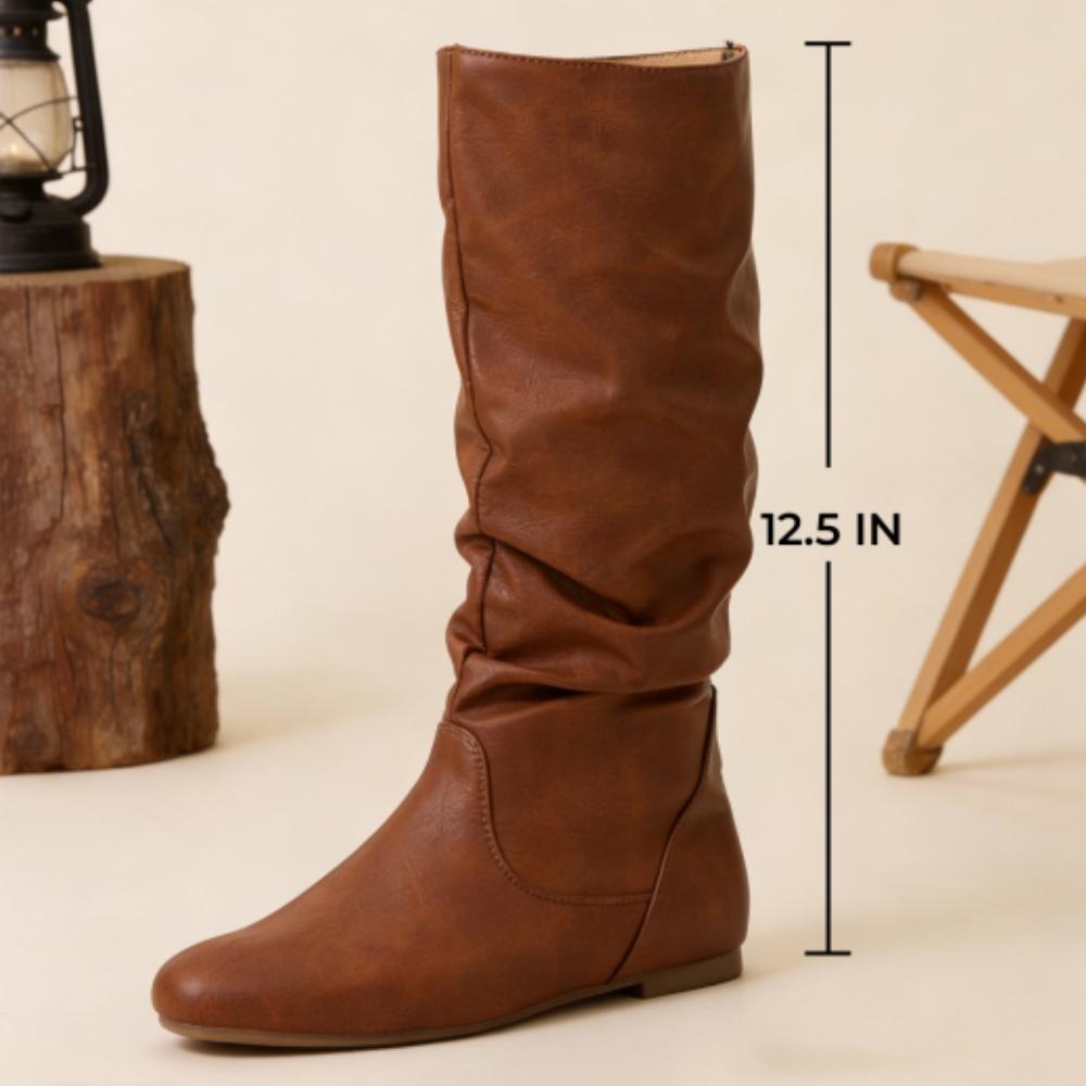 Women's Slouchy Mid Calf Boots Zip up Flat Boots