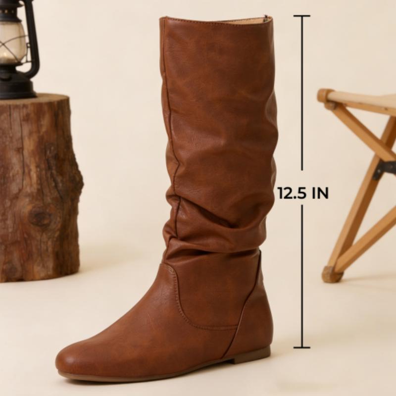 Women's Slouchy Mid Calf Boots Zip up Flat Boots