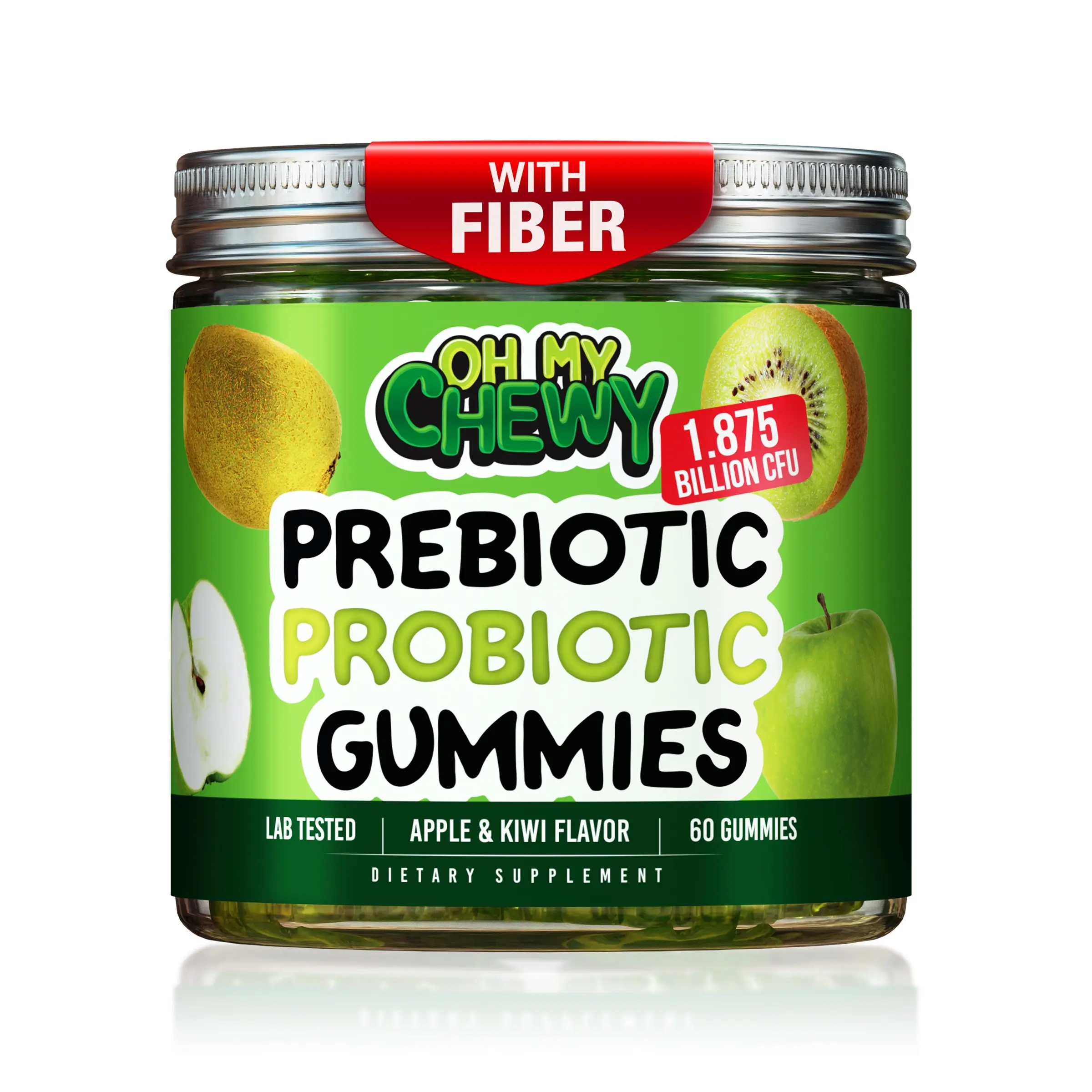 OH MY CHEWY Kids & Teens Chewable Probiotic-Prebiotic Center-Filled Fiber Gummies, Vegan Gut & Digestive Support Supplement, Peach & Mango Flavor, 60 CT