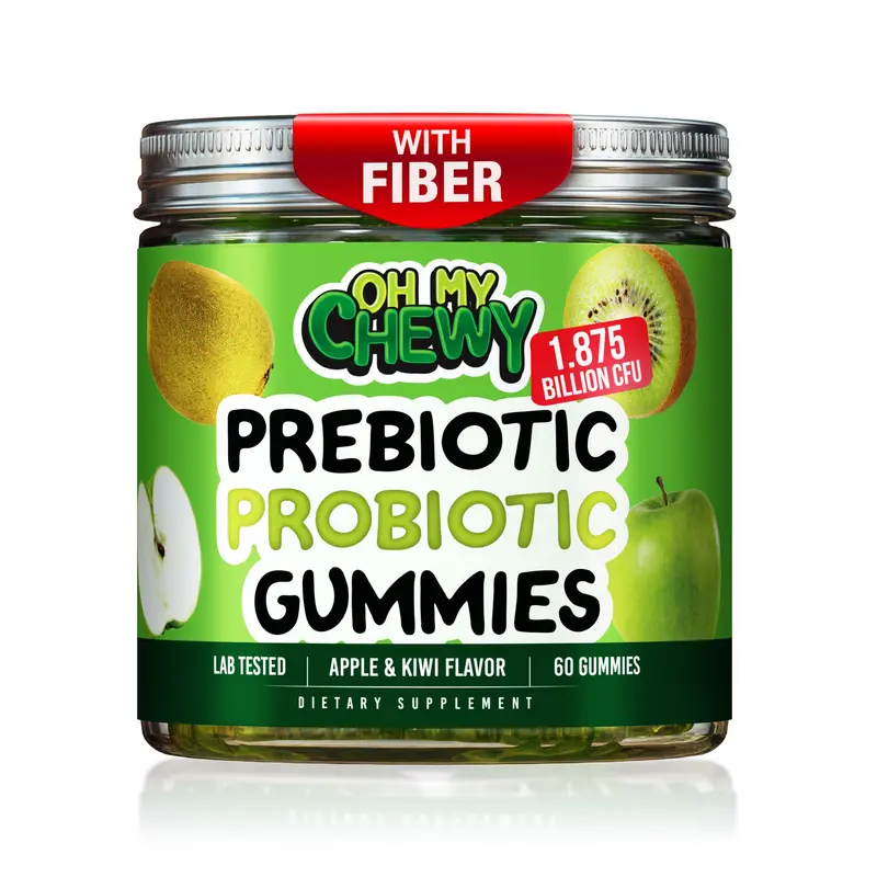 OH MY CHEWY Kids & Teens 500mg Center-Filled Fiber Gummies - Gluten-Free, Dairy-Free, Vegan Probiotics-Prebiotic Digestive Support Supplements, Peach & Mango Flavor, 60 Count
